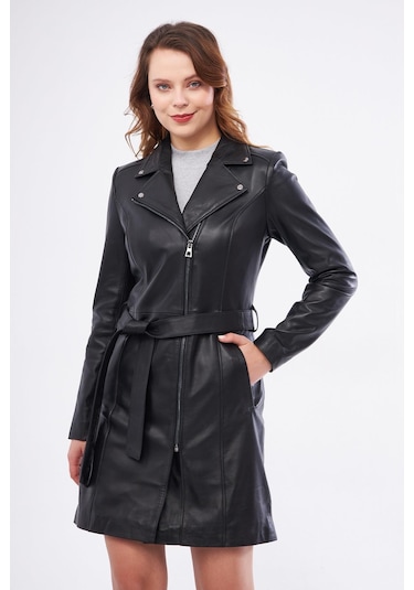 Derinss Dka2391 Hakiki Deri Kadın Siyah Pardesü 001