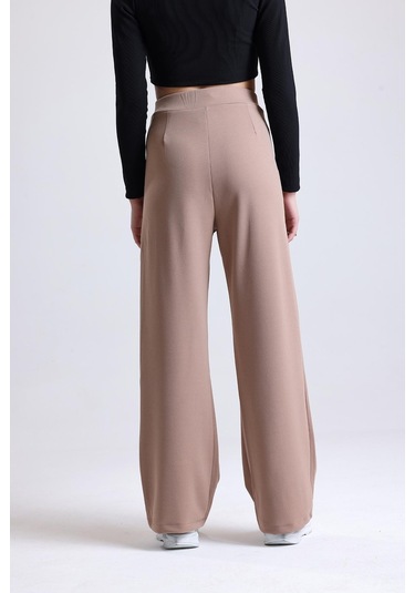 Kadın Wide Leg Likralı Cırt Kapamalı Lastikli Palazzo Pantolon - Kahverengi