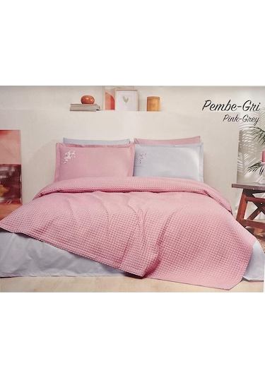 Özdilek Nakışlı Waffle Tek Kişilik Pike Takımı Pembe Gri