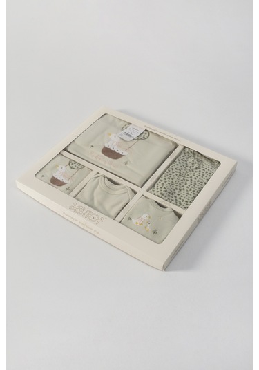 Sevimli Sepetteki Ördek Desenli 10 Parça Kutulu Yenidoğan Hastane Çıkışı Zıbın Seti Mint