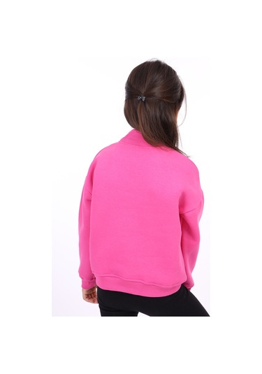 Kız Çocuk Relax Fit Dik Yaka Düşük Omuz Nakış Baskılı Sweatshirt - 3 İplik Şardonlu Fuşya
