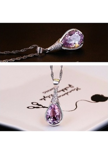 Brezza Lusso Jewelry Gümüş Su Damlası Ametist Taşı Kadın Kolye Küpe Seti Gümüş Set
