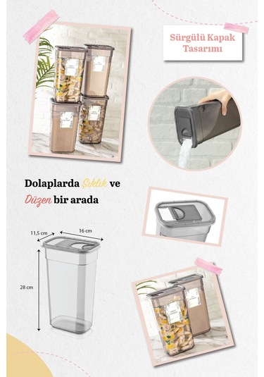 4'lü Sürgülü Kapaklı Leaf Tablet Deterjan Saklama Kabı - Etiketli Dikdörtgen Saklama Kutusu 3,2 Lt Antrasit