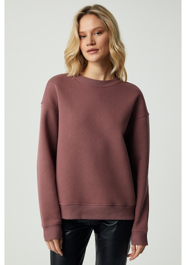 VANELTINA Kadın Organik Pamuklu Yumuşacık İçi Polarlı Yuvarlak yakalı Mürdüm Sweatshirt