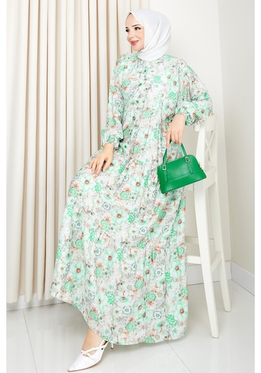 Elera Desenli Yarasa Kol Tesettür Elbise 1572 - Yeşil Yeşil