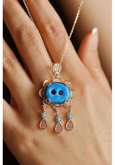 Roza Silver Firuze Taşlı Rose İki Göz Süryani Nazarlığı Telkari Gümüş Kolye