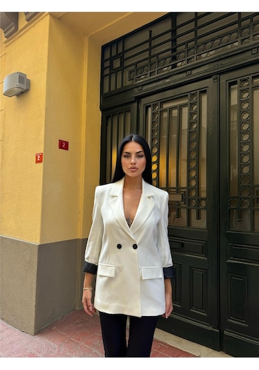 Beyaz Polyester Keten Düğmeli Ceket Beyaz