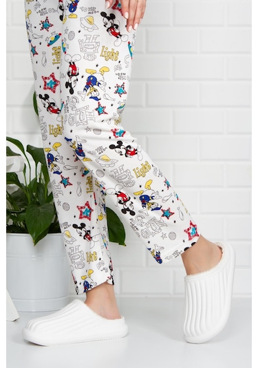 Modafrato Flora Kapalı İçi Yünlü Unisex Ev Terliği Kışlık Terlik Su Geçirmez Beyaz