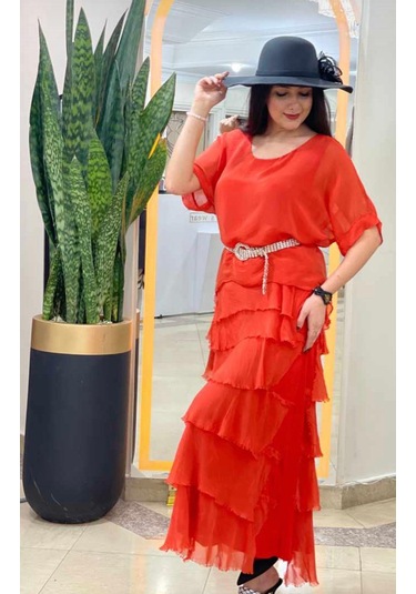 İtalyan 2 Beden İnce Gösteren Yarım Kol Kat Kat Ipek Elbise Kırmızı