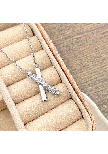 X Kolye Kadın Kolye Full Zirkon Taşlı Kolye 45cm Silver