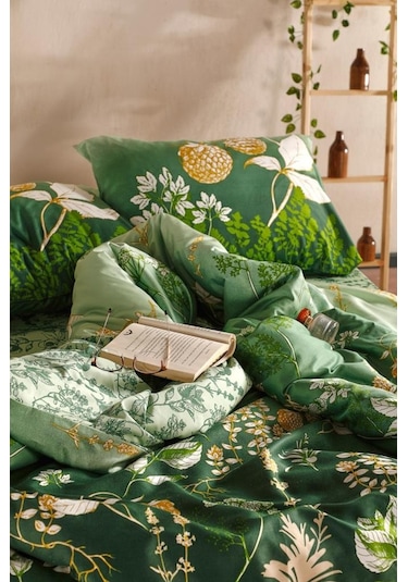 Doqu Home Saten Nevresim Takımı Çift Kişilik Rose Glow Yeşil
