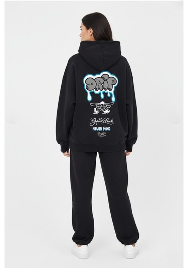 Nevermind Unisex Sevgili Çift Kombini Oversize Sırt Baskılı Grafik Hoodie Siyah