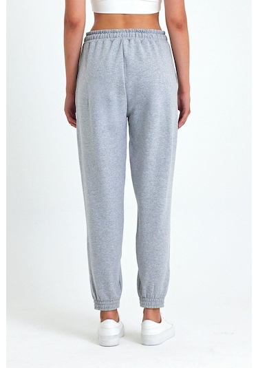 Kadın Gri Pamuklu Kalın Paçası Lastikli Yüksek Bel Rahat Jogger Eşofman Altı Gri