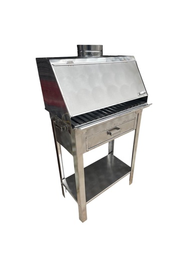 Paslanmaz Kömürlü Mangal Çekmeceli 35 X 50 Cm Sehpalı Kapaklı Barbekü Gri