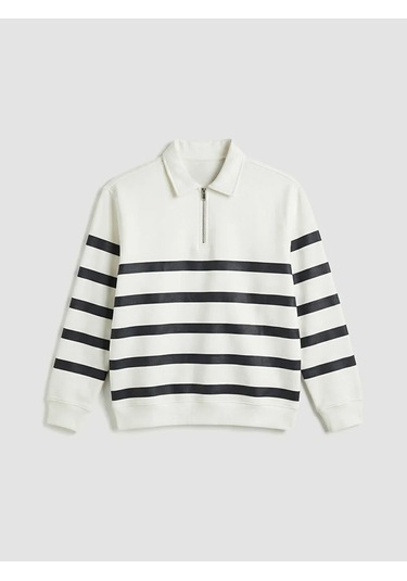 Lc Waikiki Beyaz Polo Yaka Çizgili Erkek Kalın Sweatshirt