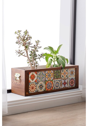 Halohope El Yapımı 6x2 Çinili Dekoratif Modern Ahşap Dikdörtgen Bahçe Balkon Saksı Saksılık Çiçeklik