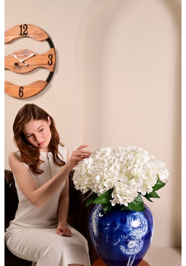 Beyaz Yapay Ortanca Çiçeği 5 Dallı Premium Canlı Islak Dokulu 42 Cm