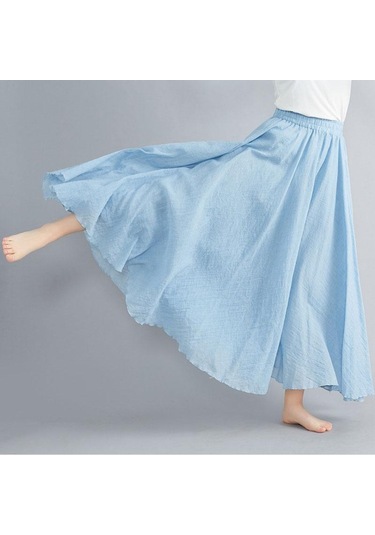 Yaz Sonbahar Kadın Etek Edebi Büyük Boy Pamuk Keten Yarım Etek Elastik Bel Keten A-line Etek Uzun Bölüm Saf Renk Rüzgar Salıncak Etek Gökyüzü Mavisi