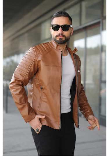 Erkek Taba Dar Kesim Deri Ceket Taba