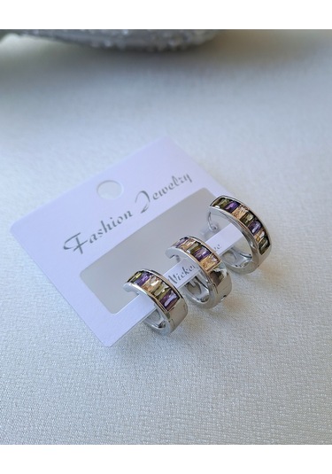 Renkli Baget Taşlı Halka Küpe Gümüş