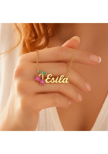 Taşlı Kiraz İsimli Altın Kaplama Gümüş Kolye Gold