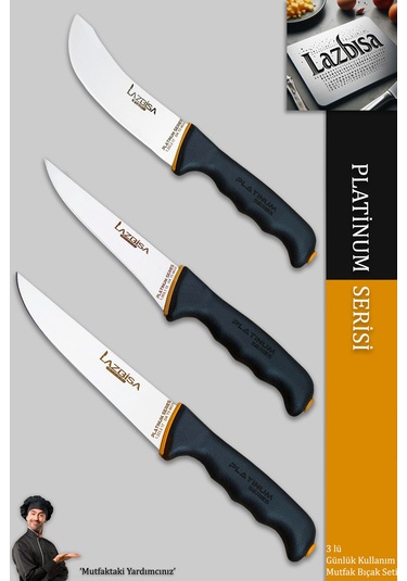 Lazbisa MFT-247 Platinum Serisi Mutfak Bıçak Seti Et Ekmek Sebze Meyve Bıçağı 3 Lü Set Günlük Kullanım Siyah