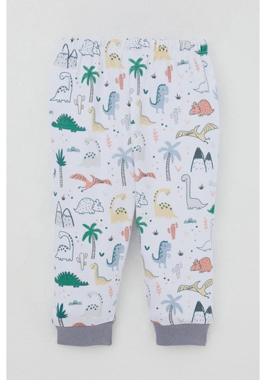 Breeze Erkek Bebek Eşofman Takım Omuzdan Patlı Sevimli Dinozorlar Desenli 4 Ay-1 Yaş, Beyaz Beyaz