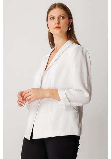 Ekol Şerit Taş Detaylı Duble Kol Ceket Ekru