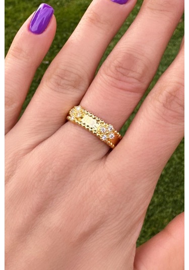 Marka Model Zirkon Çiçek Desenli Gold Yüzük - Ayarlanabilir Gold