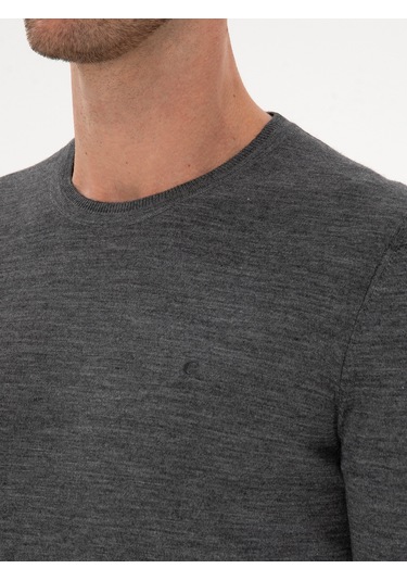 Cacharel Füme Slim Fit Yün Karışımlı Bisiklet Yaka Basic Triko Kazak Gri