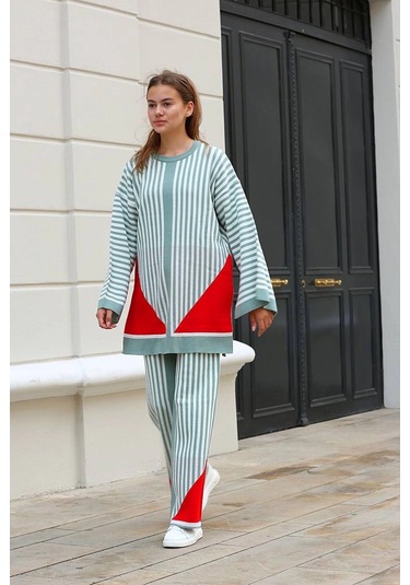 Çizgili Bisiklet Yaka Triko Takım Mint Mint