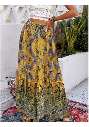 Sarı Paisley Desenli Büzgülü Etekler, Boho Pileli Yazlık Maxi Etekler, Kadın Giyim Sarı