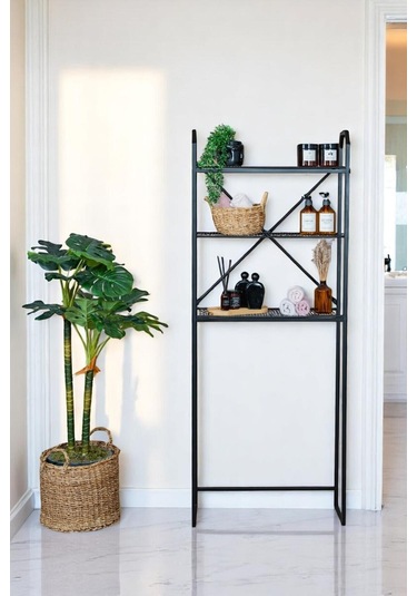 Metal 3 Raflı Banyo Rafı Çamaşır Makinesi Üstü Dekoratif Raf Siyah