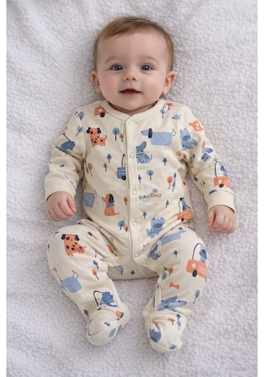 Baby Desenli Çıtçıtlı Tulum Krem