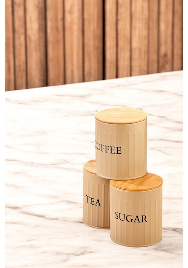 3 Lü Ahşap Kapaklı Metal Saklama Kutusu Çay Kahve Şeker Kavanoz Saklama Kabı Kahverengi