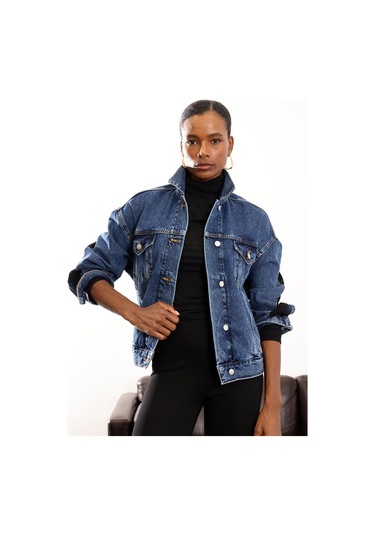 Mavi Dantel Detaylı Kot Ceket Mavi