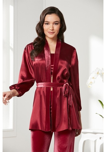 Pierre Cardin 2050 Kadın Kadife Saten Sabahlıklı Pijama Takım-bordo Bordo