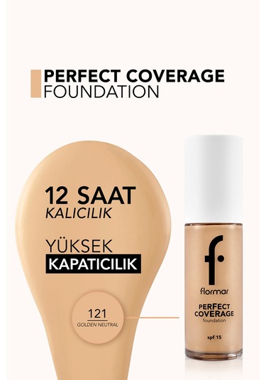 Flormar Perfect Coverage Yoğun Kapatıcı Su Bazlı Fondöten (Nötr Alt Ton) -121 Golden Natural -8682536058322