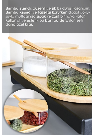 2'li Bambu Kapaklı Cam Baharatlık Seti - Bambu Kaşıklı Standlı Tuzluk Biberlik Baharat Takımı 280 Ml ŞEffaf