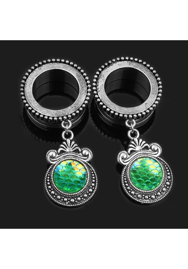 Homyl Kulak Tıkaçları Tünel Yeşil Balık Pulu Dangle 18-mm Gümüş