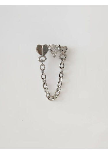 Eva Takı Store Kalp Zincir Sallantılı Model Kıkırdak Tragus Helix Piercing Gümüş Renk Küpe Gümüş