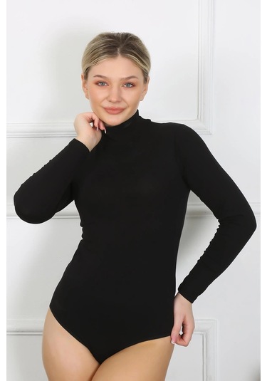 Giyim Bayan Uzun Kol Boğazlı Çıtçıtlı Body Siyah Siyah