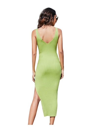 Sones Bahar Ve Yaz V Yaka Kolsuz Askılı Uzun Örgü Elbise Yeşil