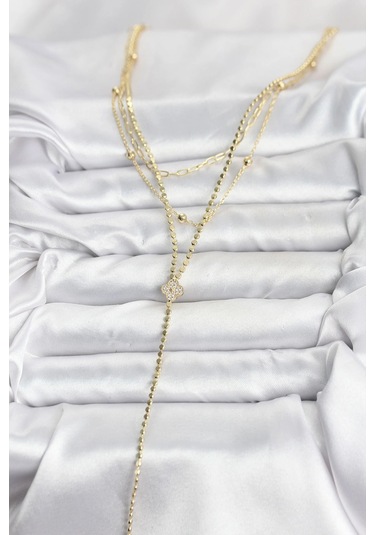 Dodes Dodes Pirinç Gold Renk Zirkon Taşlı Yonca Model Detaylı 3'lü Kombin Y Kadın Kolye Tg27bko10699 Çok Renkli