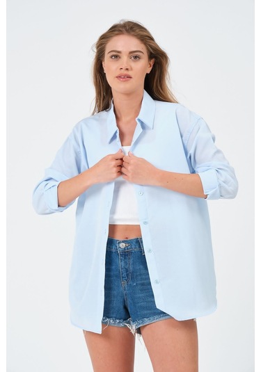Kadın Açık Mavi Oversize Uzun Basic Gömlek Açık Mavi