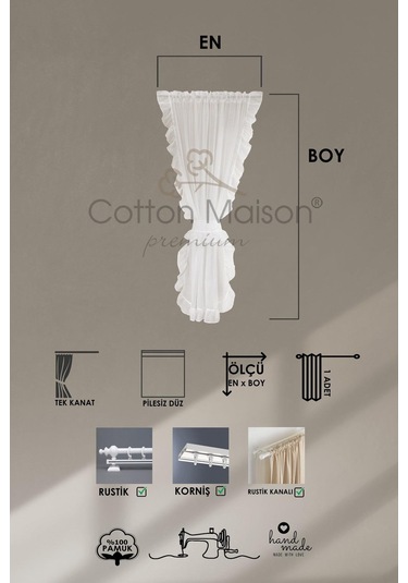 Fırfırlı Tül Perde Tek Kanat Romantik Volanlı Bağlamalı Ekru