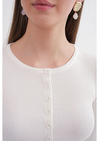 6931 Kadın Düğmeli Fitilli Triko Hırka Beyaz Beyaz