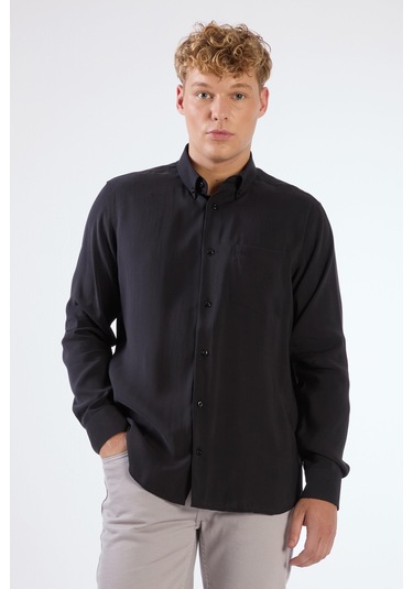 Siyah Modal Düz Renk Regular Fit Erkek Gömlek Siyah