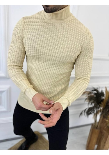 Kazak Slim Fit Tüylenmez Naturel Pamuk Triko Boğazlı Balıkçı Yaka Kazak Krem