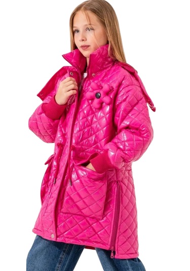 Kız Çocuk Kapitone Model Kapüşonu Çıkabilen İçi Astarlı Etek Kısmı Fermuarlı Parlak Pembe Renk Mont Pembe